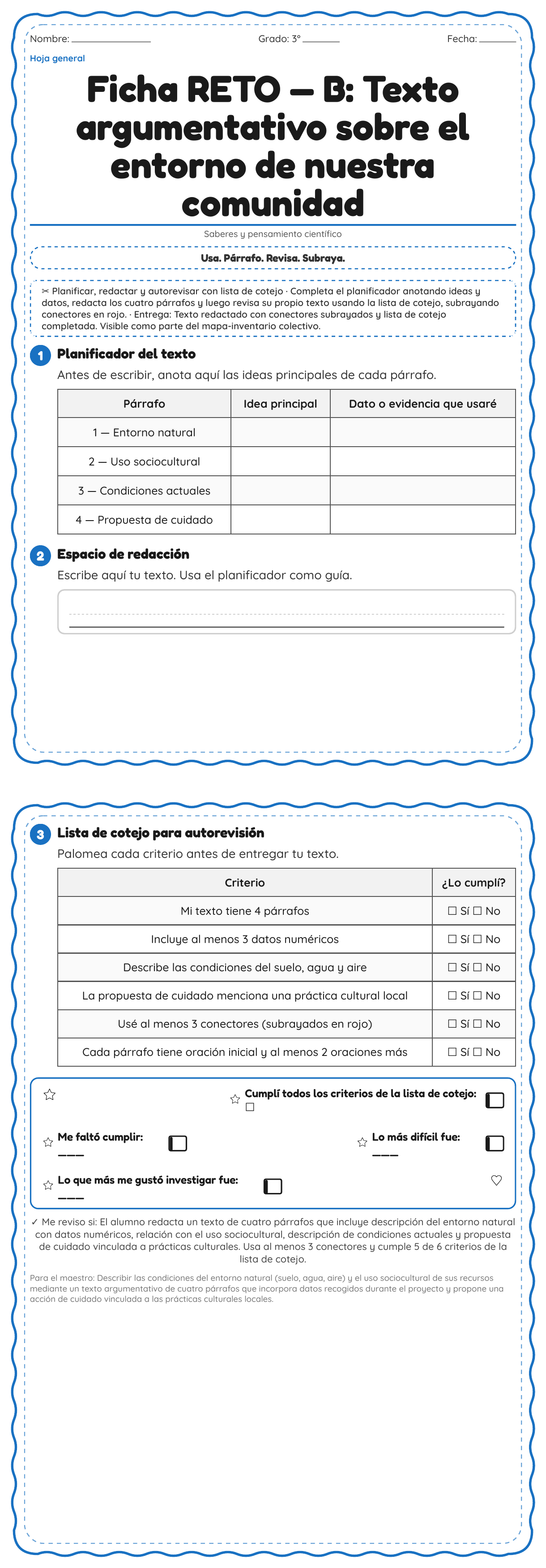 Ficha RETO — B: Texto argumentativo sobre el entorno de nuestra comunidad